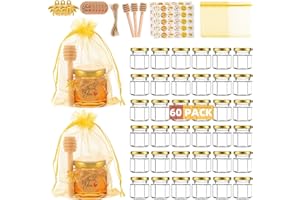 60 Pack Mini Glass Honey Jars Party Favors,1.5 oz Small Hexagon Glass Honey Jars with Dippers,Lids,Gold Bags,Bee Charms,Thank