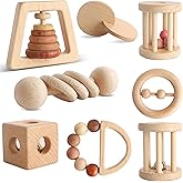 Wooden Baby Toy 8pcs, Montessori Toys for Babies 1-3 Years Old, Wooden Rattles Toy Set for Infant Grasping, Sensory Development, Gift for Baby Boys Girls (Natural Wood)