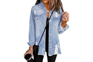 Dokotoo Women's Oversized Denim Jacket Casual Long Sleeve Denim Shirts Distresse Jean Jacket Fall Outfits 2025