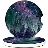 Galaxy Space Forest Car Cup Holder Coaster, Car Coasters for Cup Holder, 2 Pack Anti-Slip Absorbent Ceramic Car Coasters with Finger Notch Cork Base for Women Men 2.56"