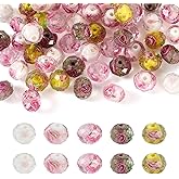 Boutigem 50Pcs 10mm Rose Flower Gold Sand Lampwork Beads Colorful Handmade Flower Inner Faceted Rondelle Beads Floral Glass European Craft Bead for DIY Earring Bracelet Jewelry Making