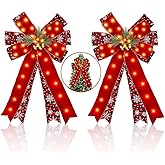 Kenburg 2 Pcs LED Large Red Christmas Bows Decorations, 20” X 12” Red Bow Linen Wreath with Bow Bells, Berry, Pine Cones for Christmas Tree Topper Outdoor Indoor Home Front Door Decor, 40 Warm Lights