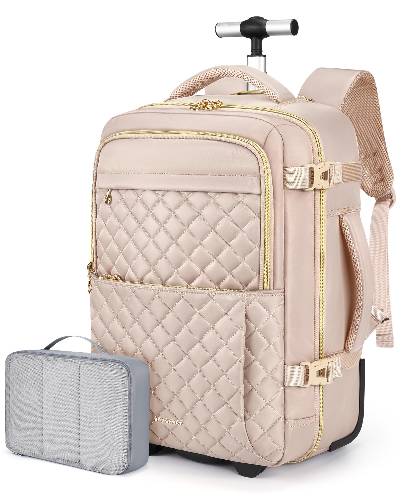 Photo 1 of **MISSING PACKING CUBE**
BAGSMART Rolling Backpack for Women, Wheeled Backpack with Packing Cube, Travel Backpack with Wheels, Carry On Suitcase Bag with Wheels 17 Inch Large Roller Backpack, Champagne