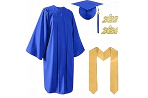YIIOSS Unisex Matte Graduation Gown Cap Tassel Set 2023 With Gold Stole for High School and College Royal Blue