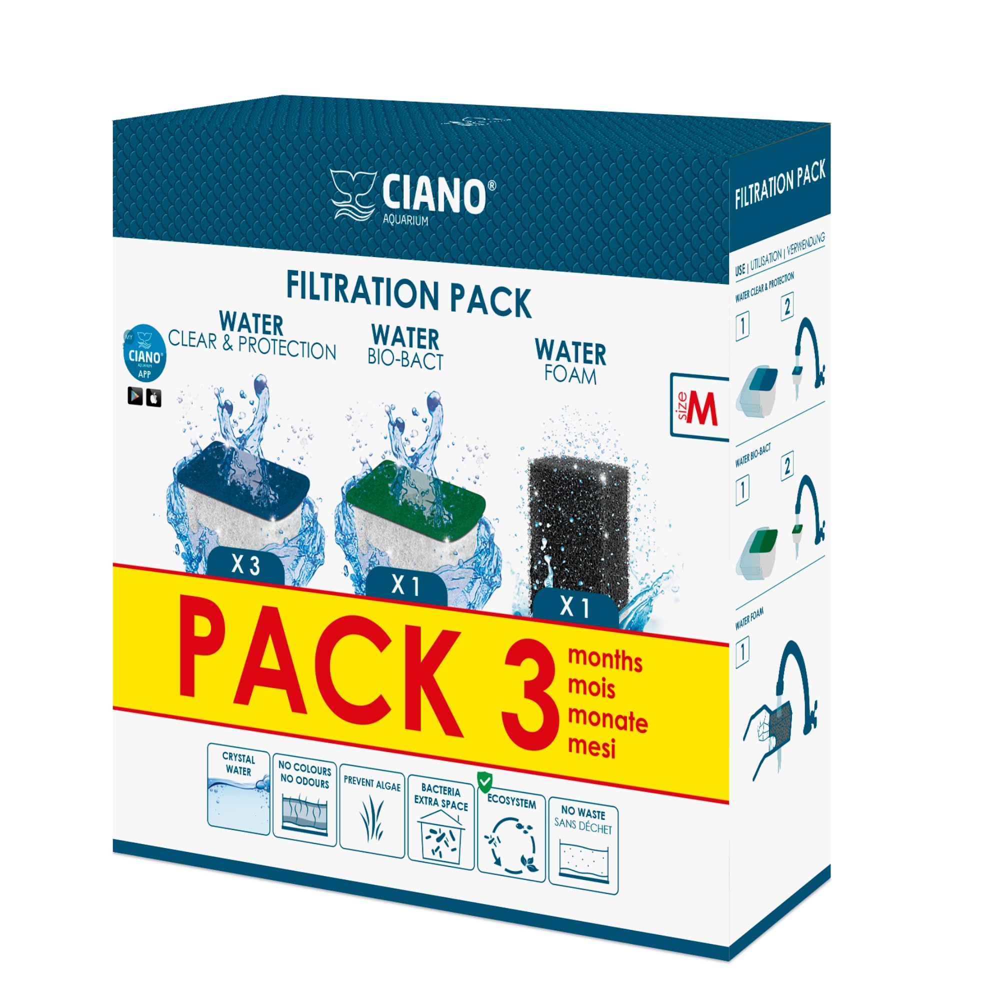 CIANO, Aquarium Consumables – Replacement Filter Cartridges for Aquarium Filter – Pack 3 Months, Size M – Crystal Water for Fish, Impurity-Free and Odourless – Effective Cleaning