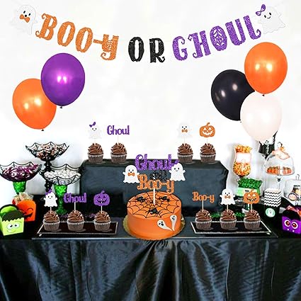 Amazon Com Halloween Gender Reveal Party Decoration Boo Y Or Ghoul Baby Shower Banner Cake Cupcake Topper Purple Orange Balloons Fall Boy Or Girl October Sex Announcement Ideas Favor Supplies Toys Games