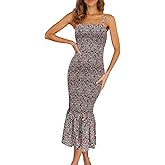 PRETTYGARDEN Women's Summer Floral Midi Tank Dress Sleeveless Strappy Ruffle Hem Smocked Bodycon Dresses