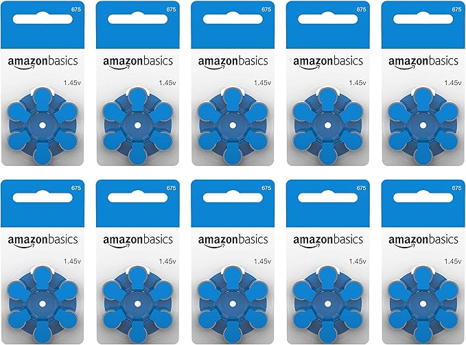 Amazon Com Amazon Basics 1 45 Volt Hearing Aid Batteries Pack Of 60 Size 675 Health Personal Care