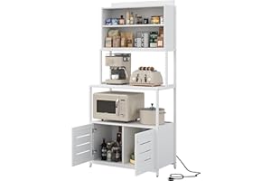 Furniouse 5-Tier Kitchen Bakers Rack with Power Outlet, Industrial Microwave Oven Stand with Shelves, Kitchen Utility Storage Shelf with Cabinet, Standing Kitchen Storage Rack, White