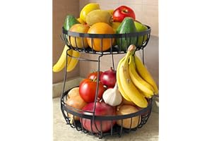 Sevenblue 2 Tier Large Fruit Basket for Kitchen Counter with 2 Banana Hangers, Metal Stackable Fruit Bowl for Kitchen Counter