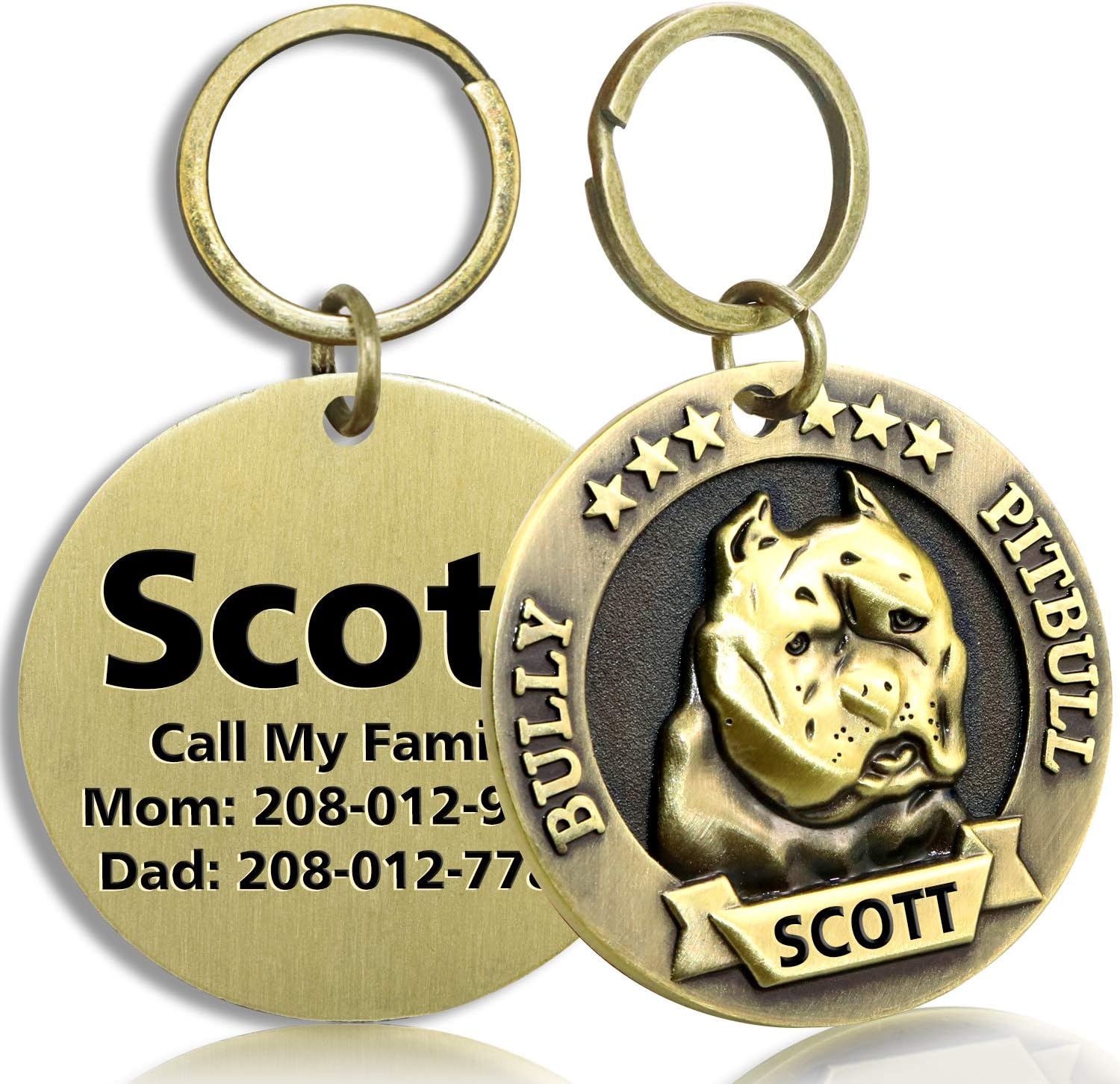 FunTags Bronze Breeds Customized Dog Head 3D Effect Dog ID Tag,High-Relief Copper Dog Tag,Personalized Stainless Steel Front&Back Laser Engraving Dog Name Tag
