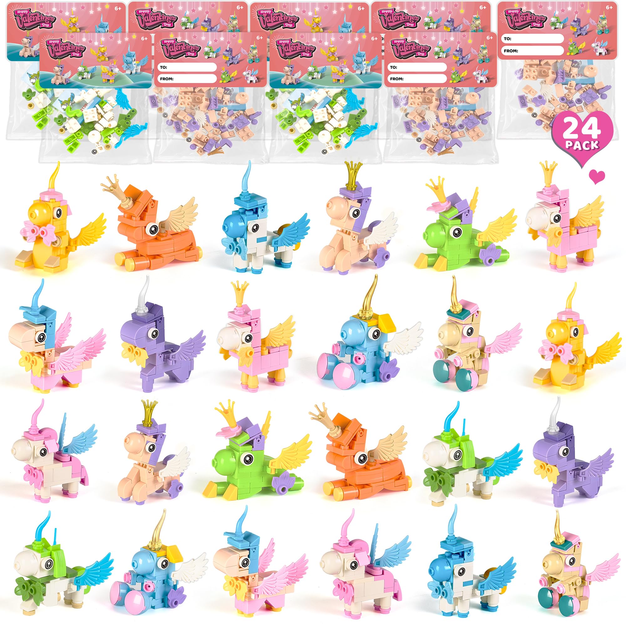 Photo 1 of 24 Pack Valentines Day Gifts for Kids – Unicorn Building Set & Cards – Valentines Party Favors for Classroom Exchange, STEM School Prizes, Bulk Non-Candy Goodie Bag Fillers, Boys & Girls Ages 6+