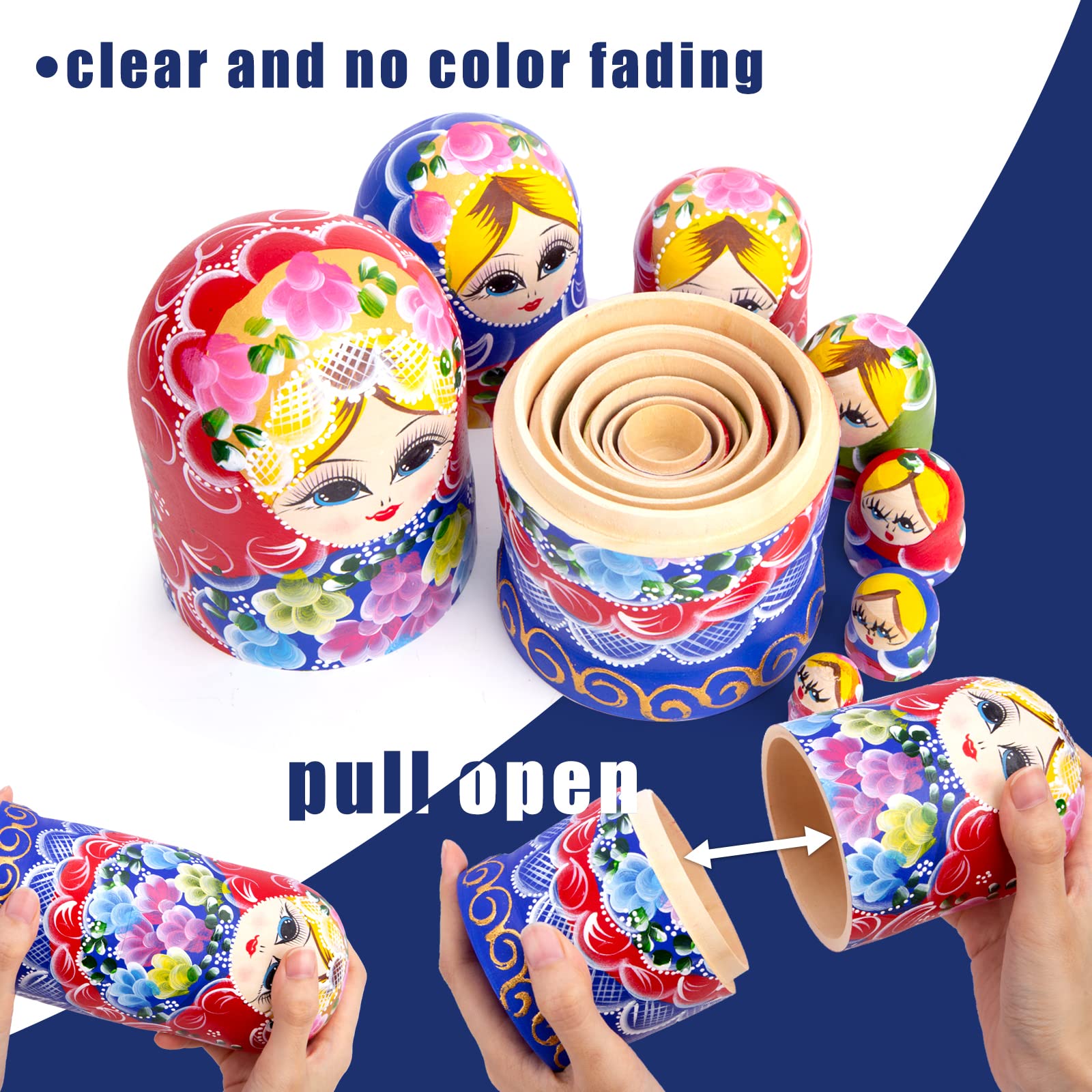 AMOR PRESENT Russian Nesting Dolls, 7PCS Wood Nesting Dolls Matryoshka Stacking Nested Set for Christmas Children Kids Birthday Gift