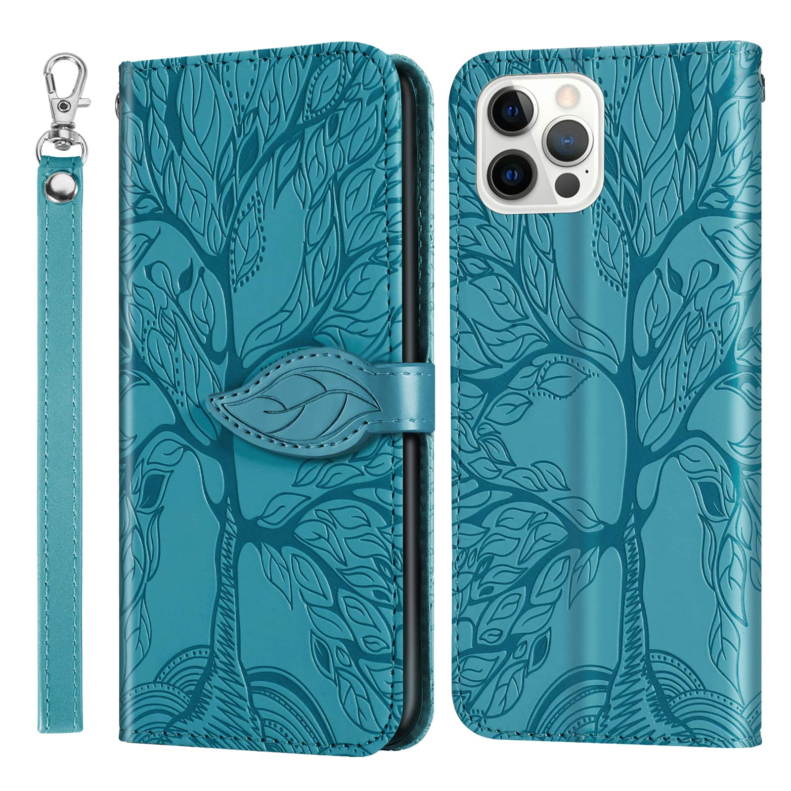 Rostsant Mobile Phone Case for iPhone 13 Pro Max Embossed Tree PU Leather Wallet Case Cover for iPhone 13 Pro Max - Blue — image 1