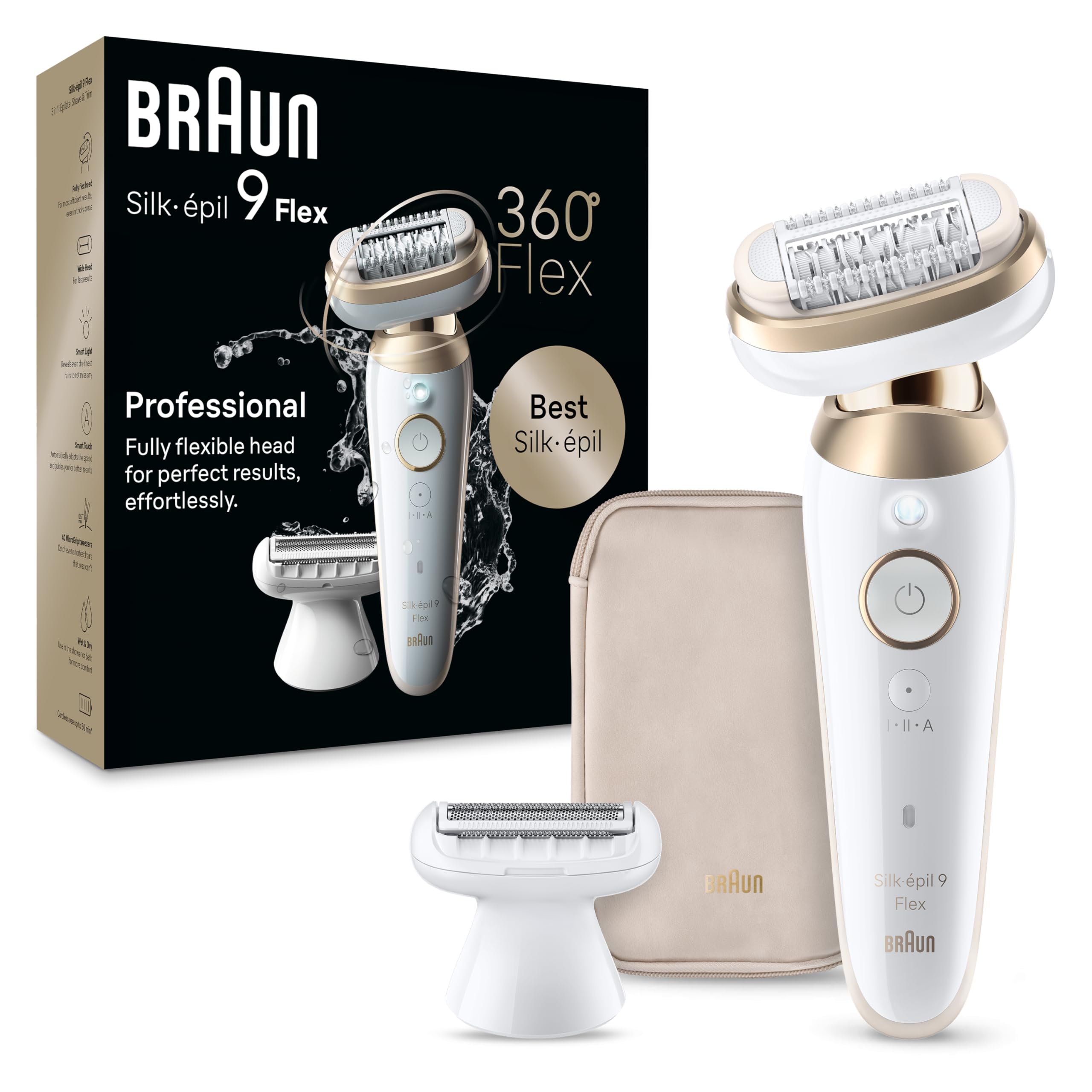 Photo 1 of Braun Silk-épil 9 Flex Epilator, 360 Flex and Pivoting Head, Wet and Dry, Includes Shaver Head, Trimmer Comb, SES9-041 3D, Tinted Gold