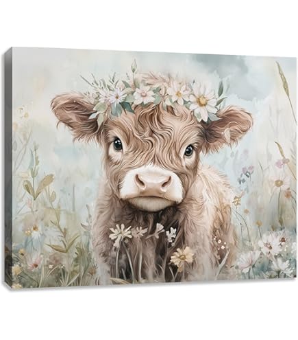 Highland Cow & Wildflowers Canvas Wall Art - 24x36 Inch Framed Print For Nursery, Kids Room, Farmhouse Decor - View #3