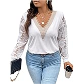 MakeMeChic Women's Plus Size Floral Lace T Shirt Deep V Neck Long Sleeve Dressy Tops