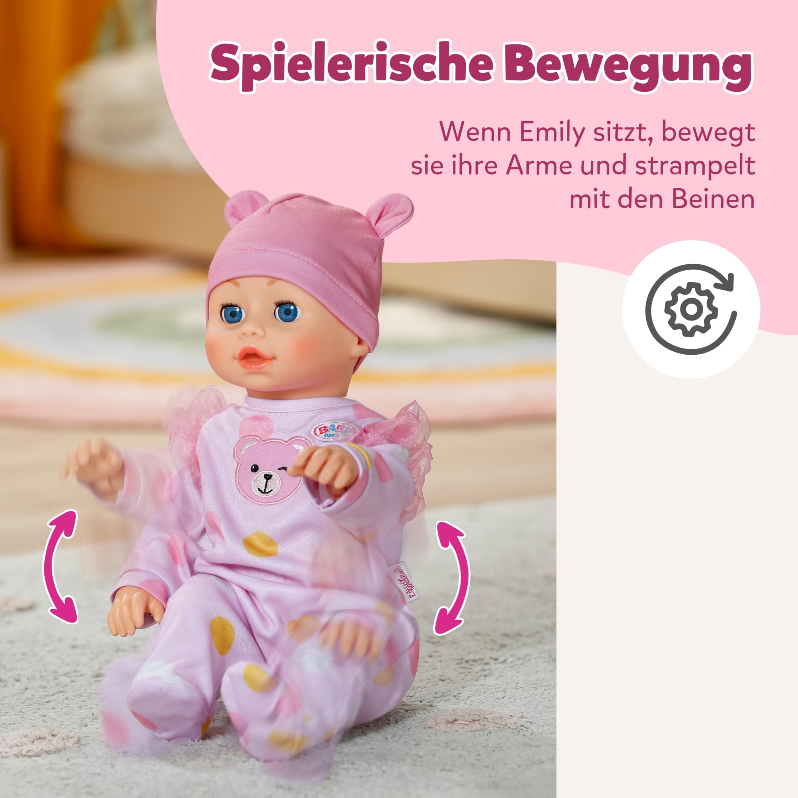 BABY Born Emily Lauf mit Mir - 43 cm Puppe mit elektronischen Funktionen - Krabbel- & Lauflernpuppe mit Soundfunktion - Inkl. rosa Strampler & Mütze - Geeignet für Kinder ab 3 Jahren 5