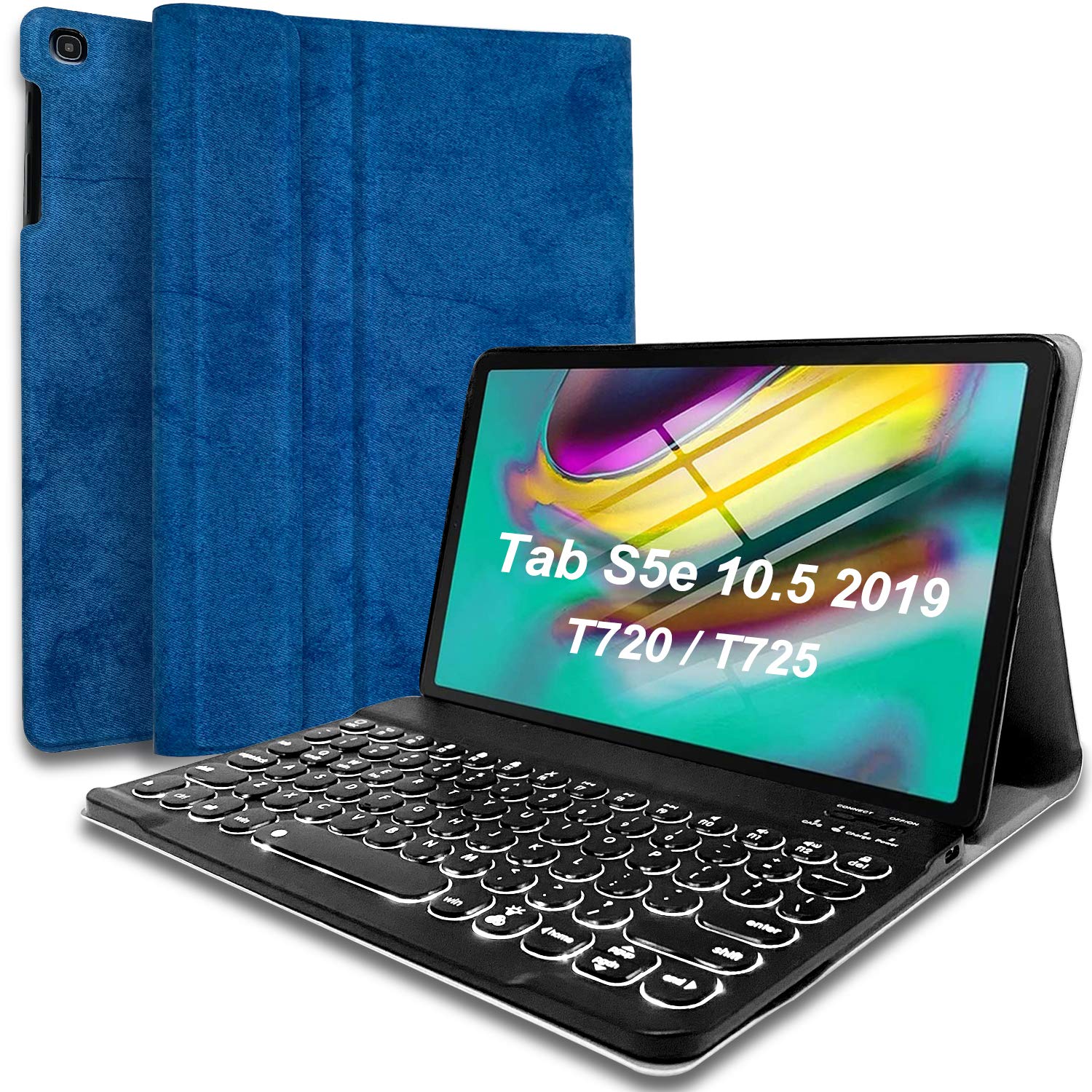 Wineecy Galaxy Tab S5e 10.5 Keyboard Case 2019 [Backlit,SM-T720,SM-T725,SM-T727], 7 Color Light Detachable Wireless Keyboard with PU Folio Stand Cover for Samsung Galaxy Tab S5e 10.5 inch 2019, Blue