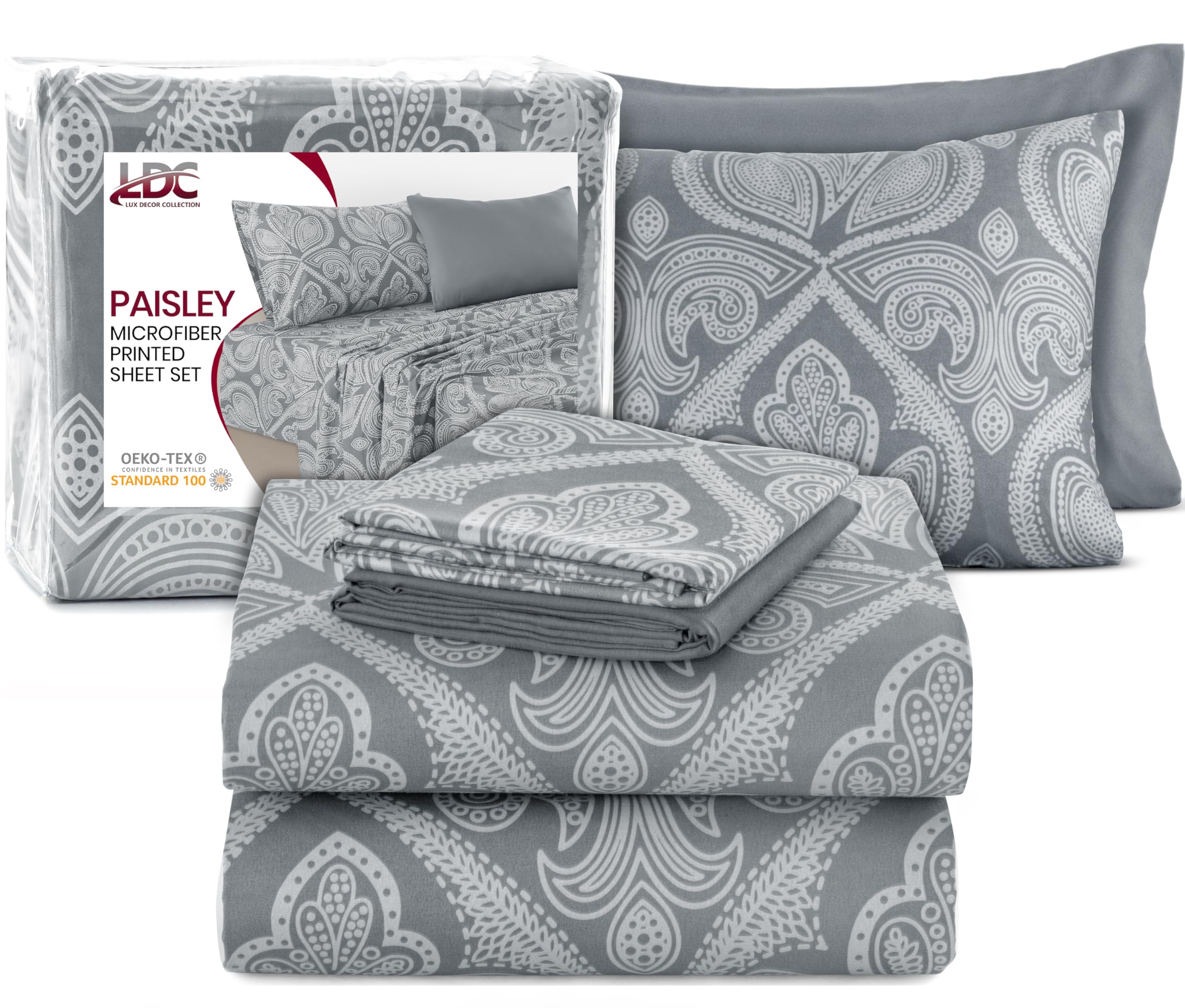 Ultra Soft Wrinkle-Free Microfiber Paisley Cal King Sheet Set, Breathable Boho Bed Sheet Set – 16" Deep Pocket Fitted Sheet, Flat Sheet & 4 Pillowcases, Juegos de Sábanas, OEKO-TEX - Grey