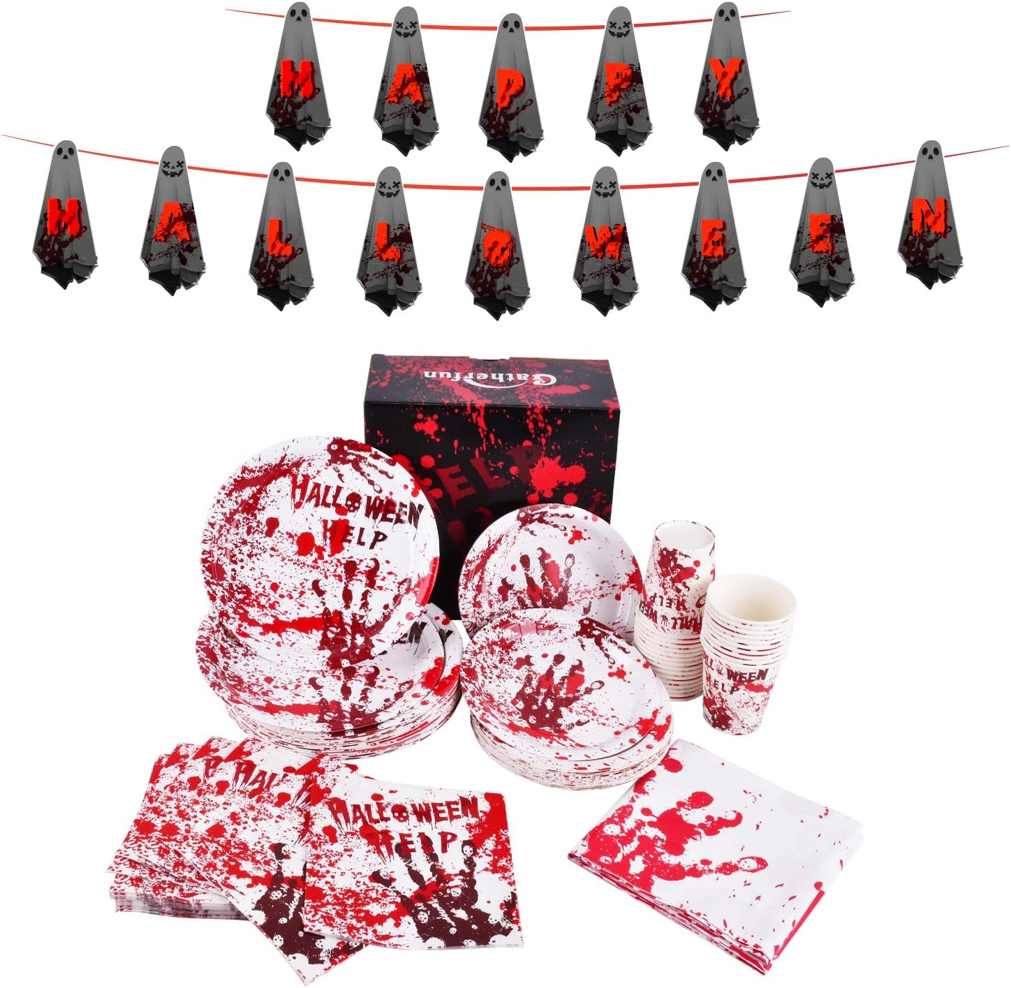 Bloody Handprint Halloween Paper Plates Set Serve 25 Spooky Party Decoration Disposable Plates Napkins Cups Rectangular Tablecloth and Happy Halloween Banner: Health & Personal Care