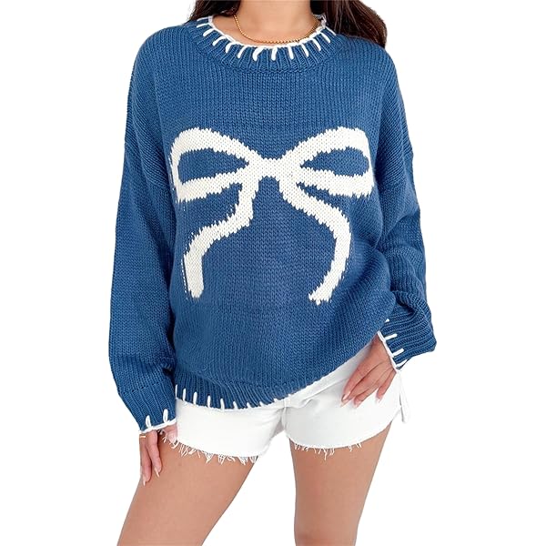 Cute Printed Bow Sweater Womens Crewneck Knitted Pullover