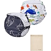 Durio 2PCS Reusable Swim Diapers - Baby Swim Diapers Adjustable Washable Newborn Infant Diaper Soft Water Diaper for Swimming Lessons with a Mesh Bag 3-6M