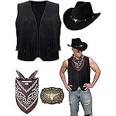 Toulite 4 Pcs Western Outfits for Men Cowboy Tassel Vest Hat Belt Buckle Paisley Bandana for Halloween Cosplay