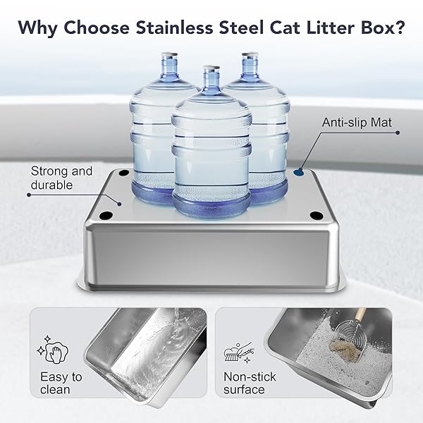 UPSKY STAINLESS STEEL CAT LITTER BOX WITH LID, XL LARGE METAL LITTER BOX FOR LARGE BREEDS, ENCLOSED KITTY LITTER PAN WITH HIGH SIDES, LEAK-PROOF & NON-STICK, EASY TO CLEAN, SCOOP AND MAT INCLUDED