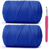 2 Pack Soft Tshirt Crochet Yarn, 800g/228yds High Elastic Hand Knitting Yarns, Thick T Shirt Yarn for Crocheting Bags, Baskets, Cushions, DIY Crafts(2 Royal Blue)