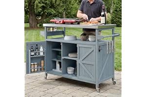 BKSFOAA Outdoor Kitchen Island with Rolling and Storage Cabinet, Solid Wood Grill Table with Stainless Steel Top & Spice Rack