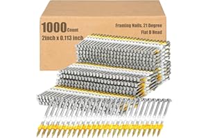 Therwen Framing Nails, 21 Degree, Flat D Head, Galvanized, Ring Shank, Plastic Row Fixed, 21 Degree Framing Nails for Use in All Pressure Treated Lumber (1000 Count,2 Inch x 0.113 Inch)