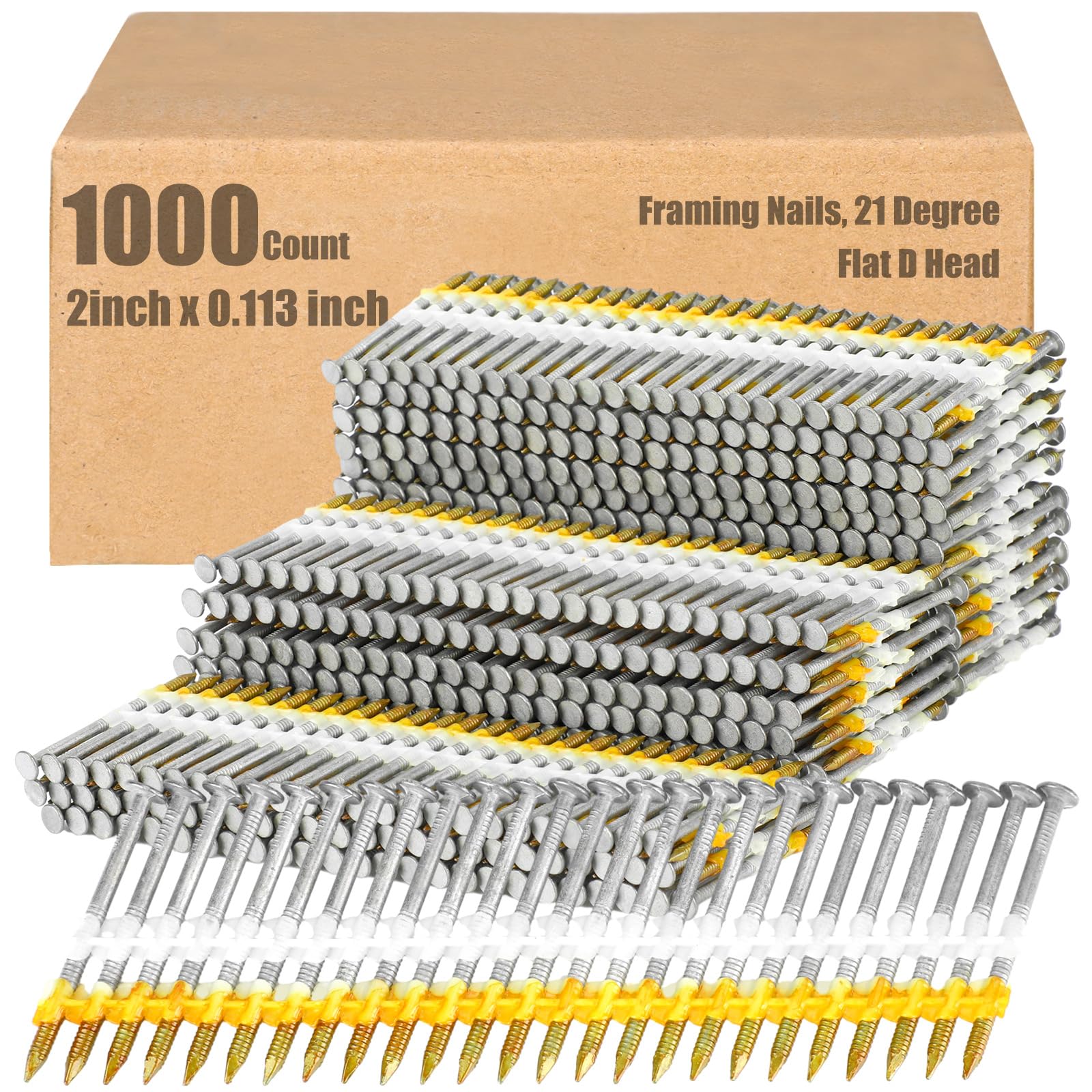 Photo 1 of Therwen Framing Nails, 21 Degree, Flat D Head, Galvanized, Ring Shank, Plastic Row Fixed, 21 Degree Framing Nails for Use in All Pressure Treated Lumber (1000 Count,2 Inch x 0.113 Inch)