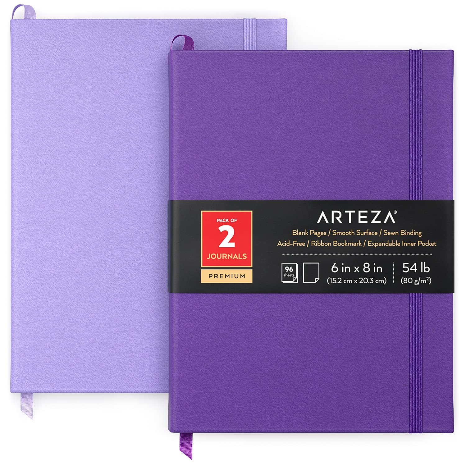 ARTEZA Plain Notebook, Pack of 2, 15.2 x 20.3 cm, 96-Sheet Hardcover Journals, Lavender and Purple, with 80-gsm Smooth Blank Writing Paper for Bullet Journaling & Note Taking