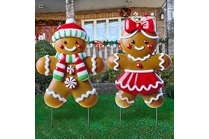 Memorywuu 2 Pack Christmas Yard Stakes Metal Stakes 3D Boy and Girl Yard Sign Christmas Outdoor Decorations for Outside Holiday Xmas Winter Ornament Lawn Pathway (Classic Gingerbread Man Couple)