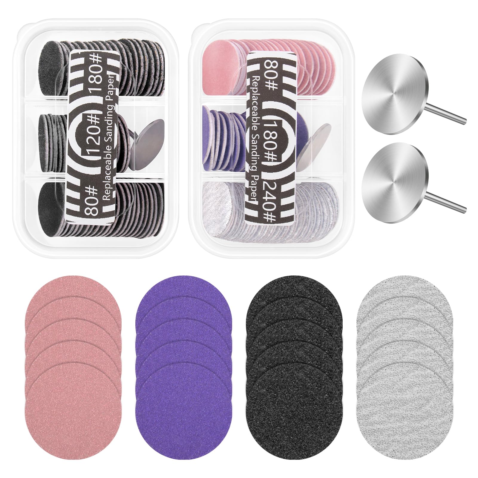 BELICOO 120Pcs Sanding Paper Disc w/ 2 Metal Bit, 80/120/180/240 Grit Round Pedicure Replacement Sanding Discs for Electric Nail File Bits, Foot File Sandpaper Discs for Dead Skin Foot Callus Remover
