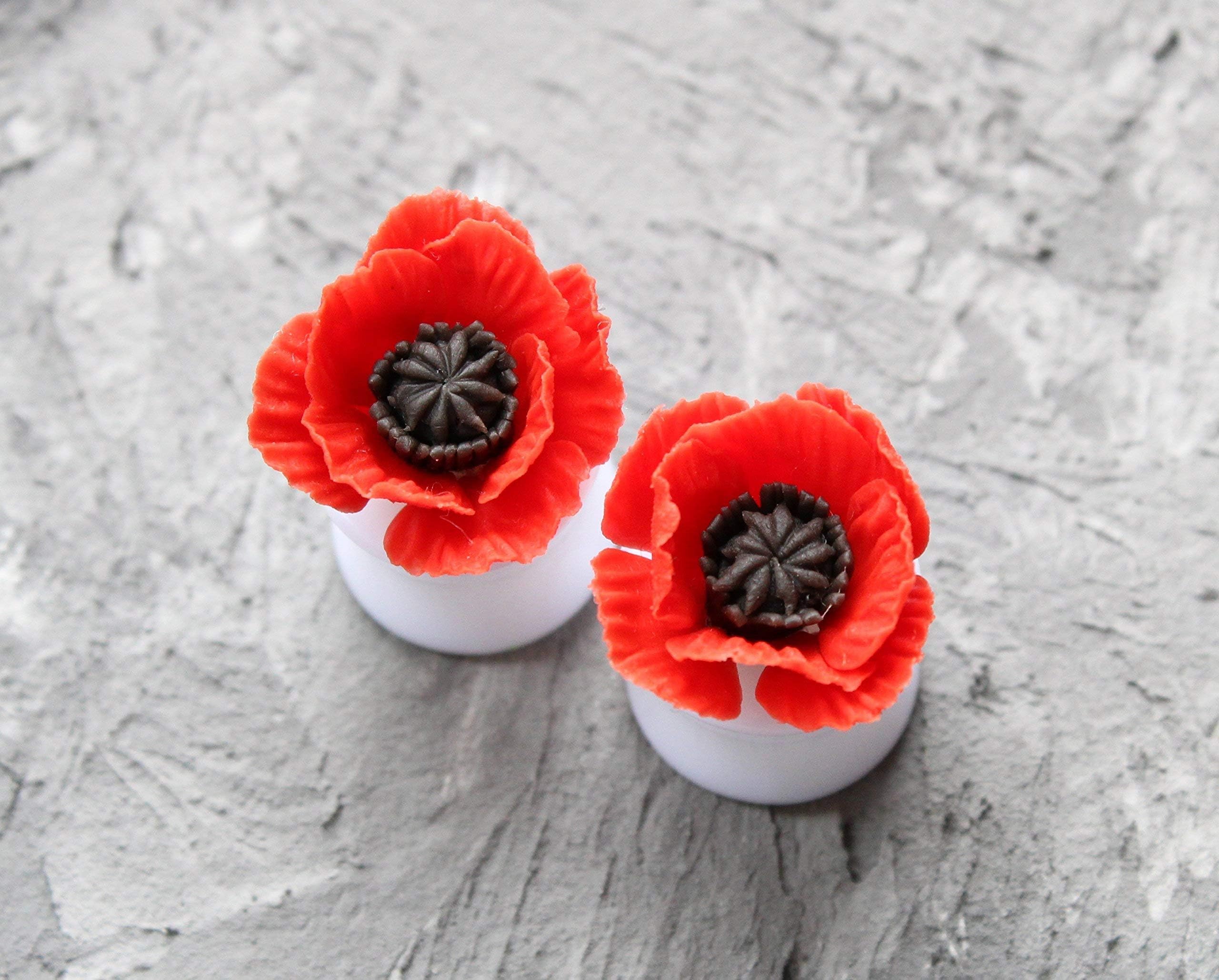 Red poppy wild flower ear plugs Floral summer ear gauges Natural botanical tunnels 00g 0g 4mm 6mm 8mm 12mm 14mm 16mm 18mm 20mm Handmade Unique