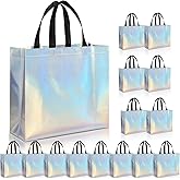 PHOGARY 15Pcs Iridescent Glossy Gift Bags with Handles & Sturdy Base, 12.6x4.7x11 In Reusable Holographic Christmas Gift Bags, Non-woven Goodie Bag Bulk for Birthday, Wedding, Holiday Party