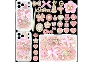 RIHYTFU Junk Case Charms Kit, Pink Junk Phone Case Charms for Customizing DIY Cases, Gold Charm for Making Phone Cases with Flatback Pearls Bulk Butterfly Bow, DIY Craft Accessories