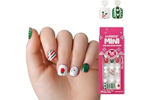 KISS imPRESS Mini Holiday Press On Nails for Kids, ‘One More Sleep’, Green, Child Size, Squoval Shaped, Mess-Free, Mom Approved, Non-Toxic, Breakaway Application Tabs, Nail File, 20 Fake Nails