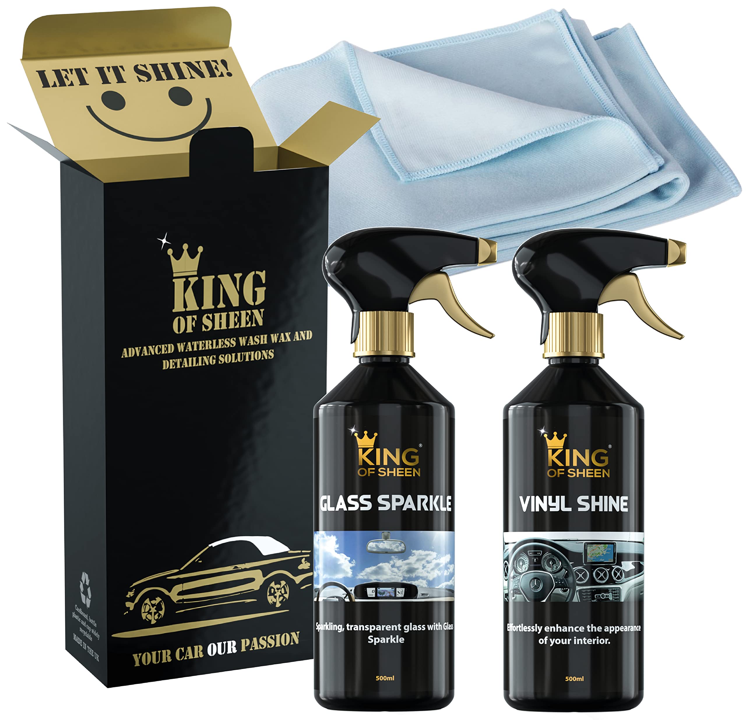 King of Sheen Interior Car Cleaning Kit - Vinyl Shine 500ml and Glass Sparkle 500ml + Professional Glass Microfibre Cloth