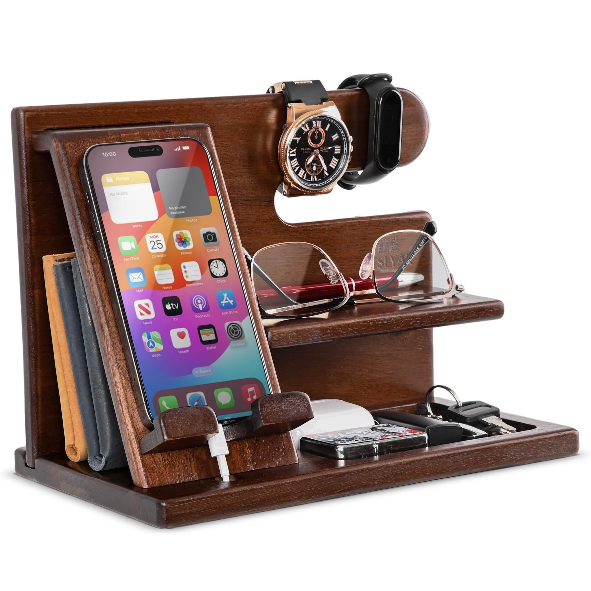 Teslyar Dad Gifts Wood Phone Docking Station – Nightstand Organiser with Key Holder, Wallet & Watch Stand, Wooden Desk Organizer Phone Dock, Birthday Anniversary Husband Men Gifts (Brown)