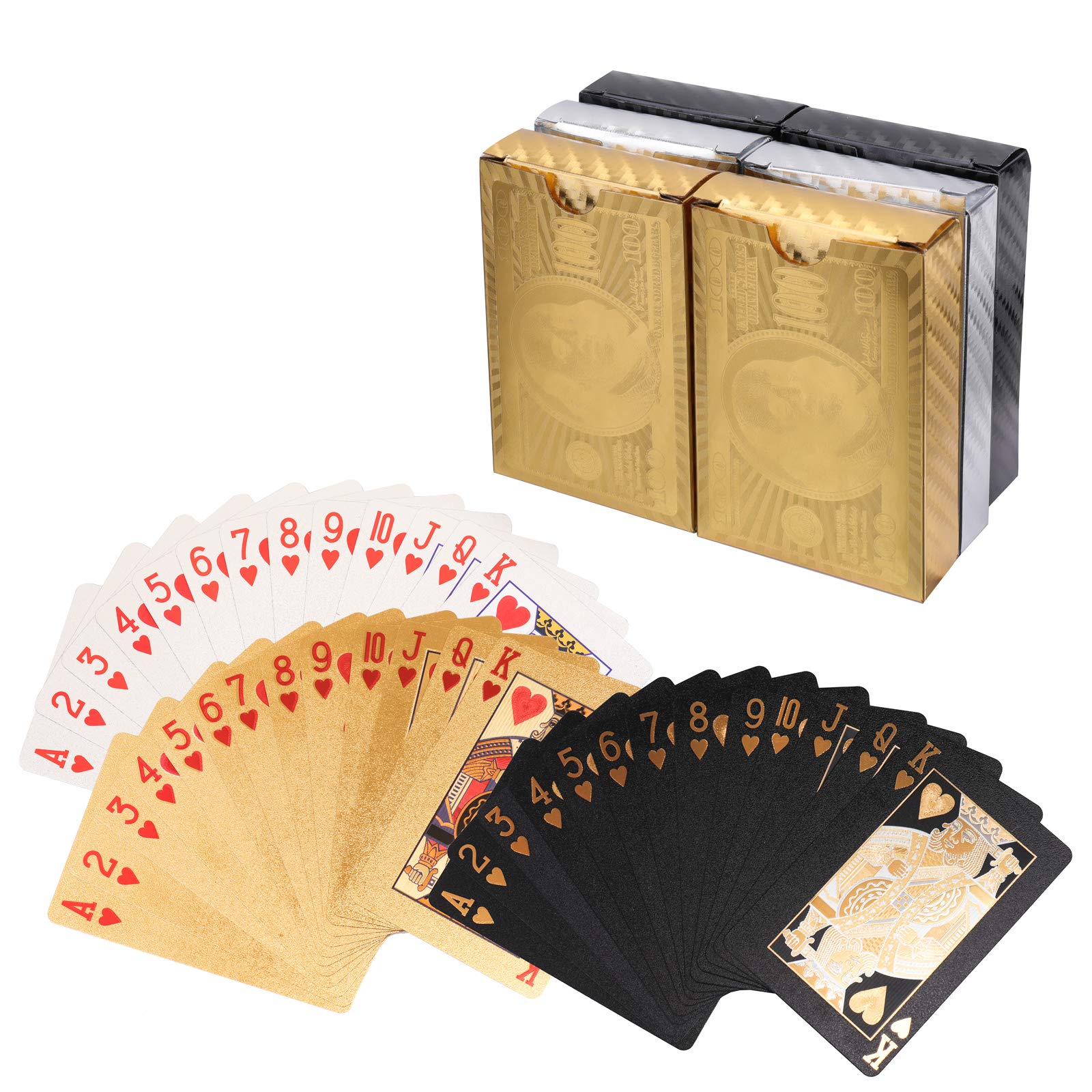 Photo 1 of Yopay 6 Decks of Playing Cards, Luxury 24K Foil Waterproof Cards, Plastic Novelty Family Card Game Tools with 100 Dollar Pattern for Gift Travel Classic Party Game (2 Golden, 2 Silver, 2 Black)