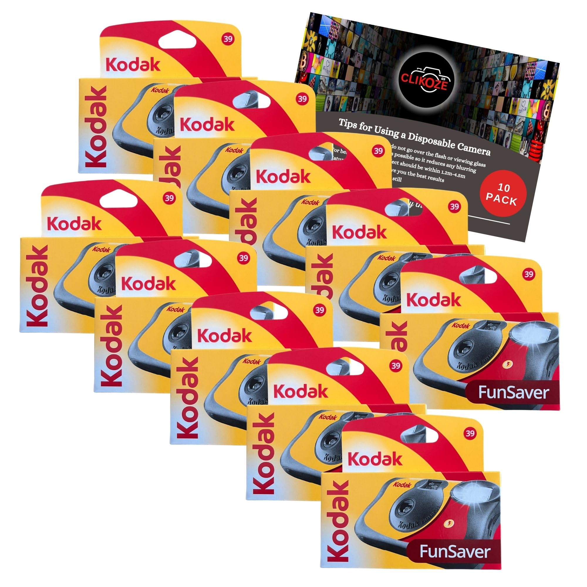 Clikoze Disposable Cameras Multipack - Includes 10 Pack of Kodak Funsaver Single-Use 35mm Cameras with 39 Exposures and Clikoze Photography Tips Card