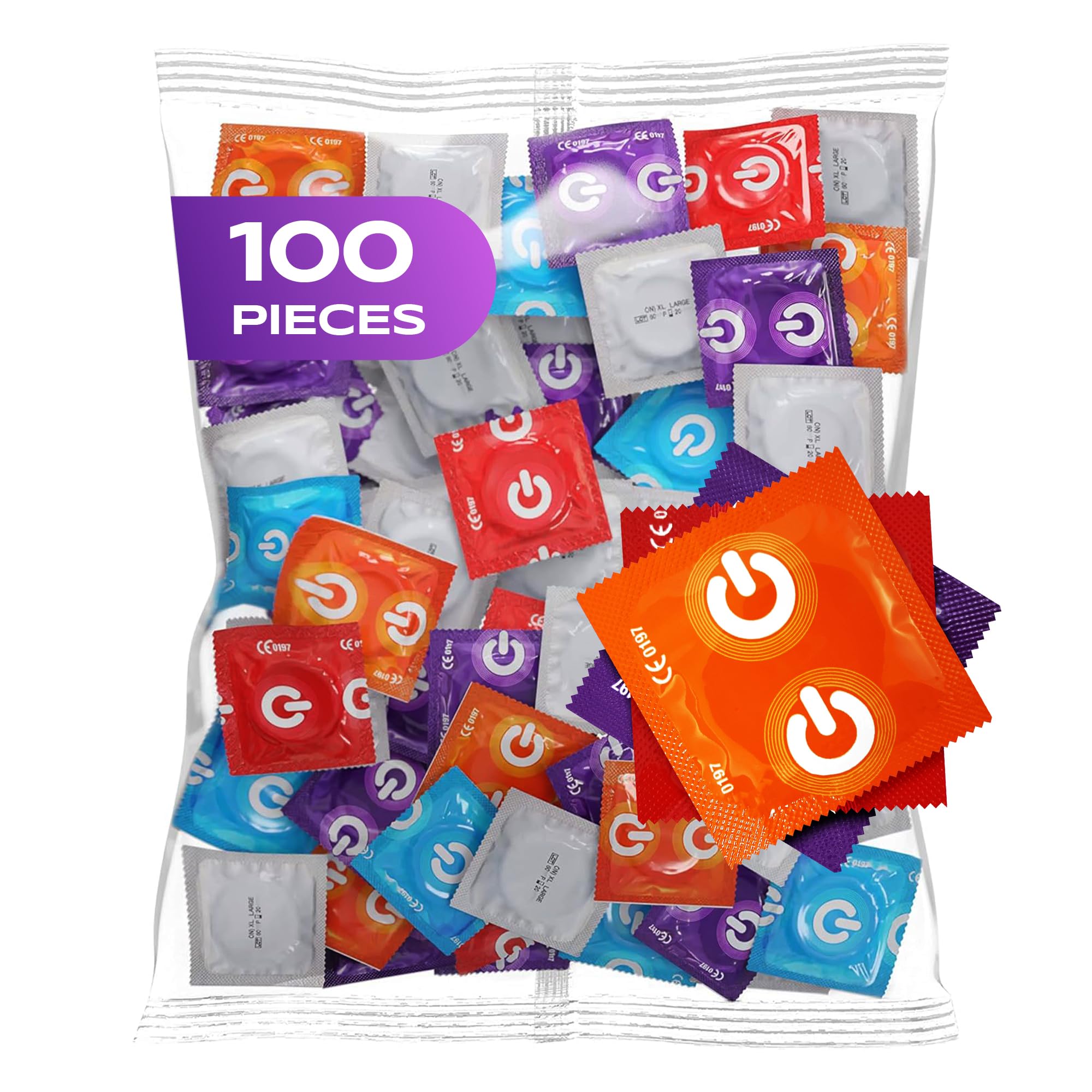 ON Condom Mix I 100 Units I Premium Condoms 7 Types and Sizes with 54 mm Width I 20x Extra Thin, Natural and Textured I 10x Extra Strong, with Strawberry, Banana, Chocolate Scent.