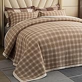 tohrisa Cotton Plaid Quilt Set, Ultra Soft 3 Pieces King Size Bedding with 2 Pillow Shams, Lightweight Reversible Coverlet Bedspread with Wave Quilting for Summer, 108"x96", Grid- Beige