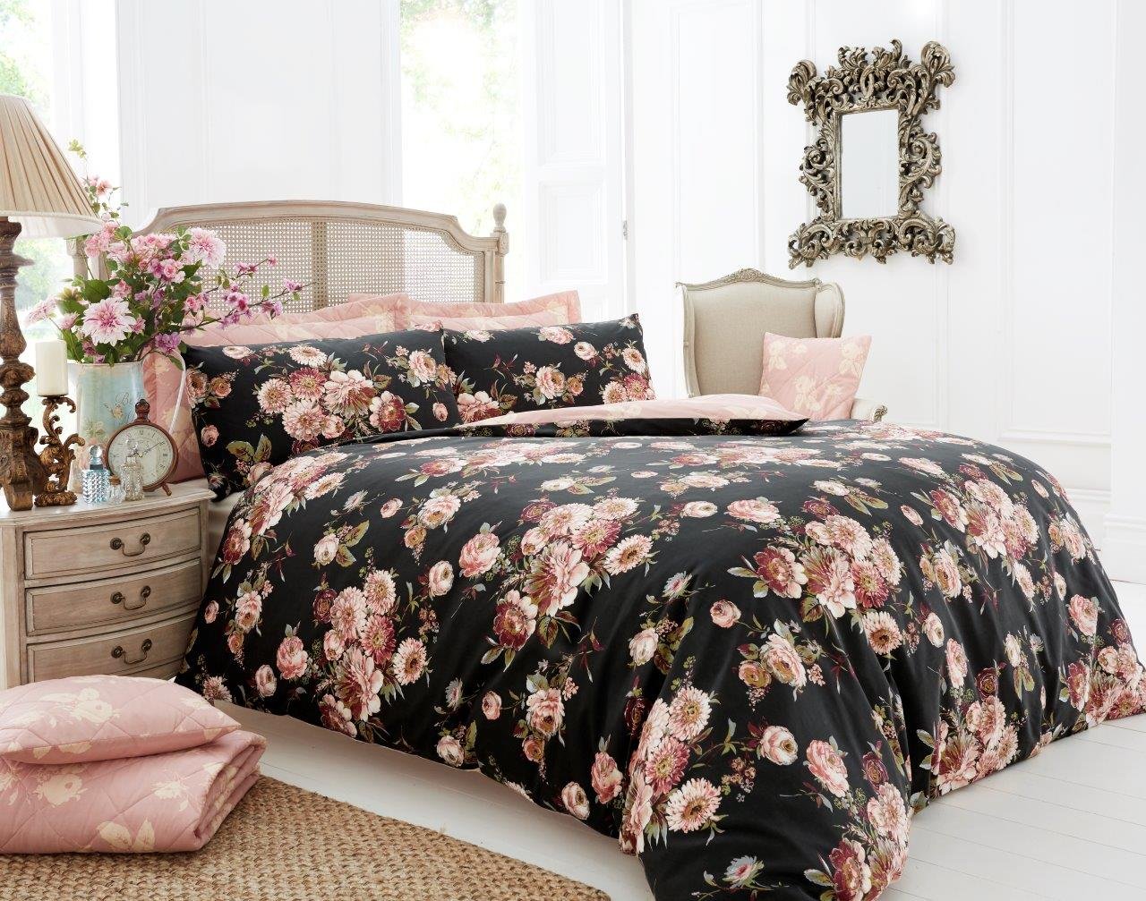 Goldstar® Hotel Quality Silk Floral Black King Size Duvet Cover Vintage