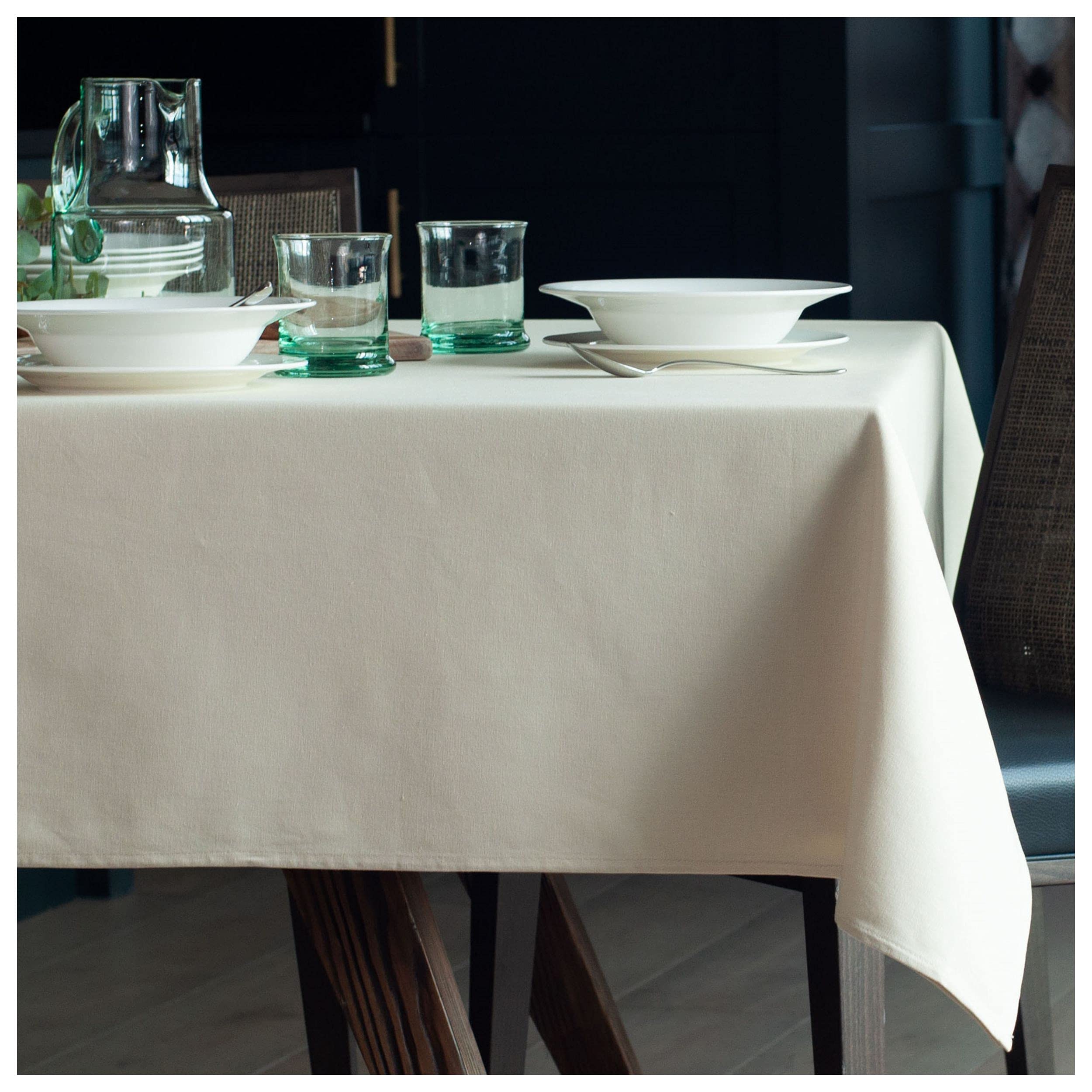 Organic Cotton Tablecloth for Dining Party / Kitchen; Easy-Care Washable Protective Heavyweight Fabric; Eco-Friendly Durable Material Table Cloth for Your Home Decoration (Cream, 142 x 245cm)