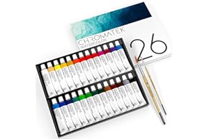 CHROMATEK Watercolor Paint Set | 26 x 12ml Tubes of Liquid Water Color Paint | 2 x Professional Brushes | Richly Pigmented Vibrant Colors | Adults, Children, Beginners and Artists Paint Set
