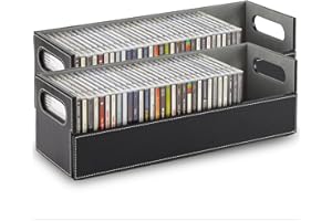 Stock Your Home 2- Pack CD Storage Box, Organizer Shelf for Movie Cases, DVDs, Cassette Tape Display Stand, Disc Holder Can Store Up to 40 CDs, Faux Leather (Black with Gray Interior)